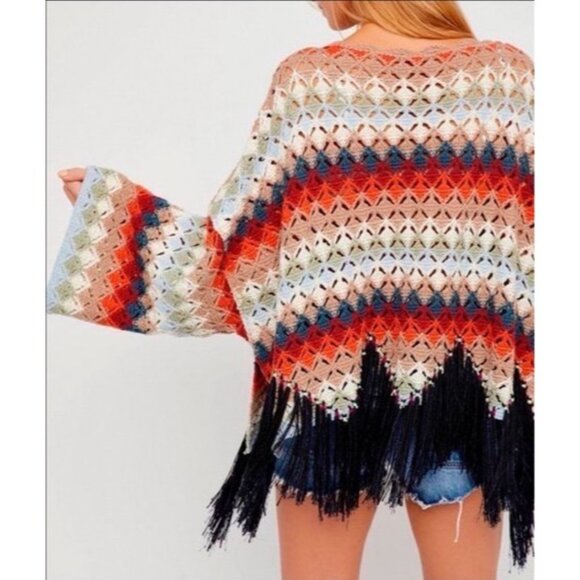 Free People Crochet Fringe Scalloped Hem Knit Poncho Top | Coastal Cowgirl Boho - Picture 7 of 16